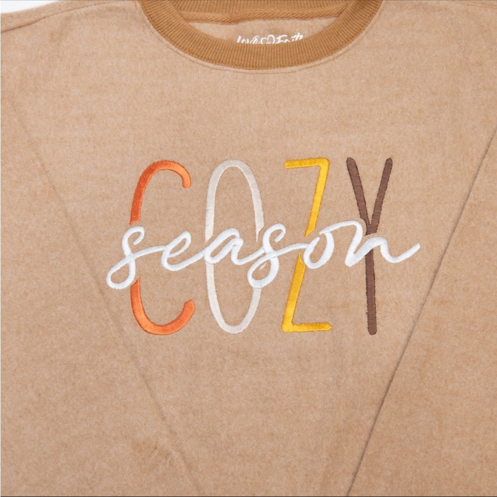Cozy Season Tan fleece Embroidered Sweatshirt.  New.  XL